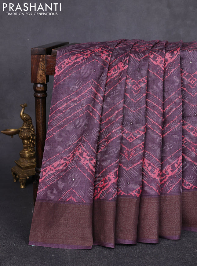 Pure tussar silk saree wine shade with allover dabu prints & mirror work and cut work pallu