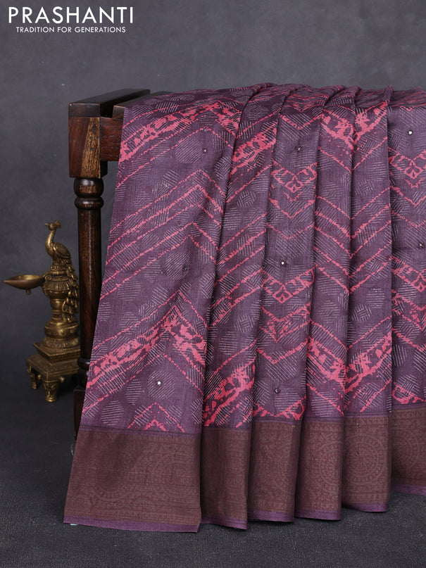 Pure tussar silk saree wine shade with allover dabu prints & mirror work and cut work pallu