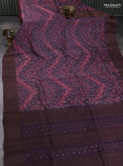 Pure tussar silk saree wine shade with allover dabu prints & mirror work and cut work pallu