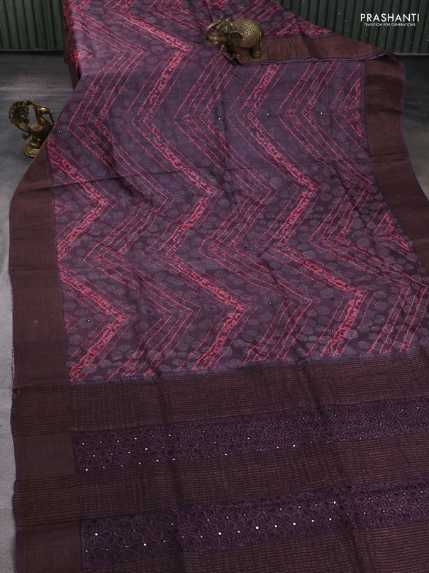 Pure tussar silk saree wine shade with allover dabu prints & mirror work and cut work pallu