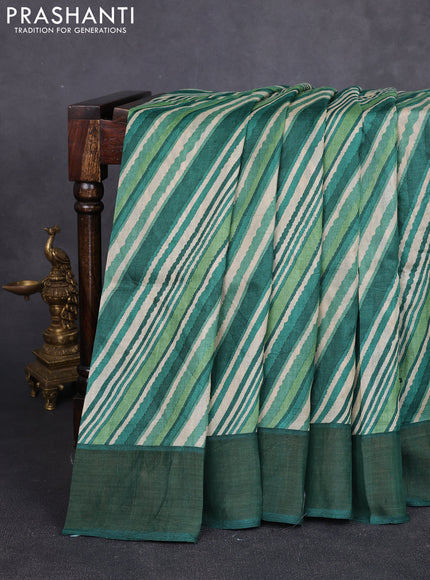 Pure tussar silk saree cream and green with allover leheriya pattern & mirror work and cut work pallu