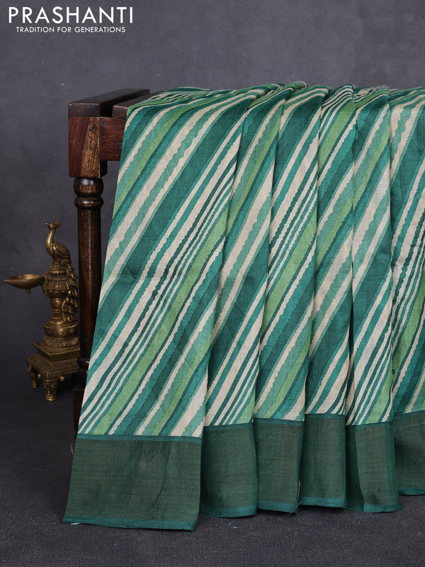 Pure tussar silk saree cream and green with allover leheriya pattern & mirror work and cut work pallu