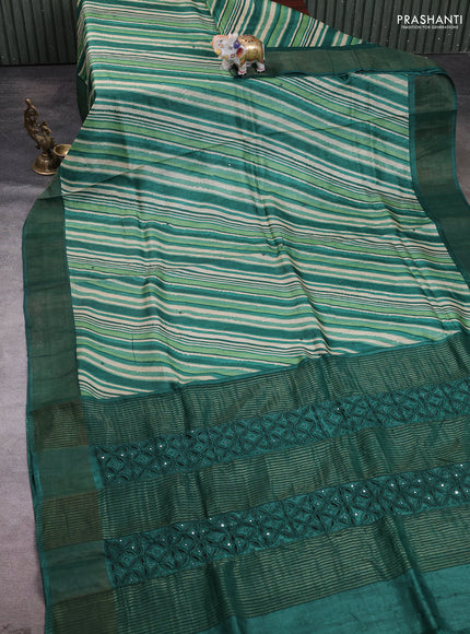 Pure tussar silk saree cream and green with allover leheriya pattern & mirror work and cut work pallu