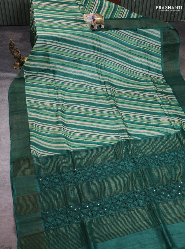 Pure tussar silk saree cream and green with allover leheriya pattern & mirror work and cut work pallu