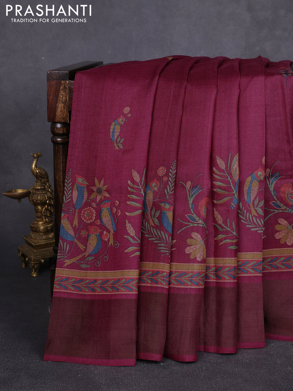 Pure tussar silk saree magenta pink with bird butta prints & mirror work and cut work pallu