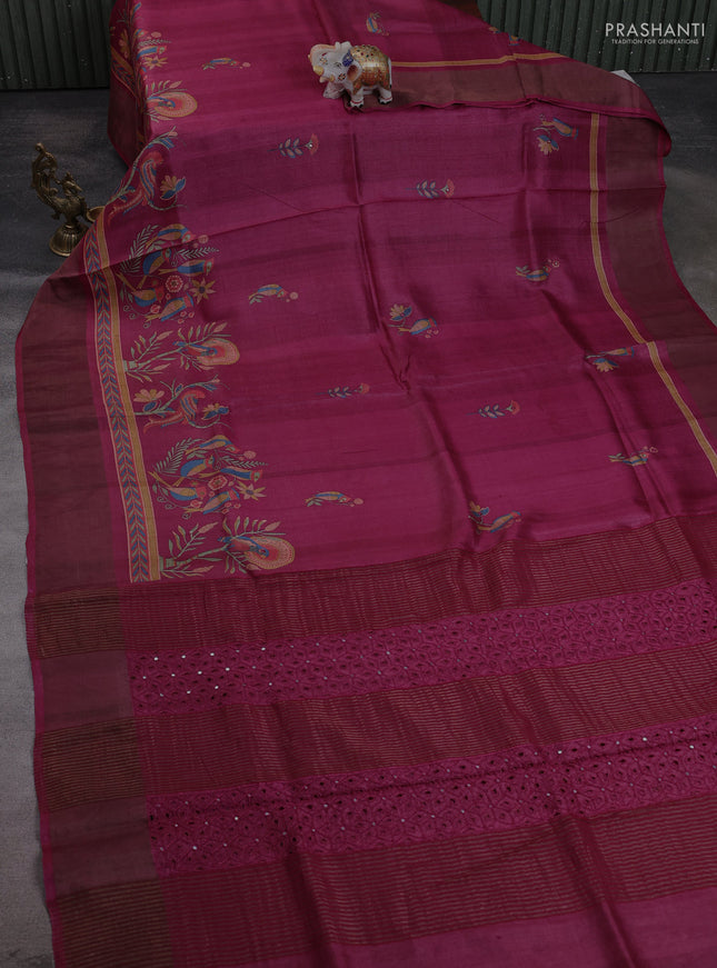 Pure tussar silk saree magenta pink with bird butta prints & mirror work and cut work pallu