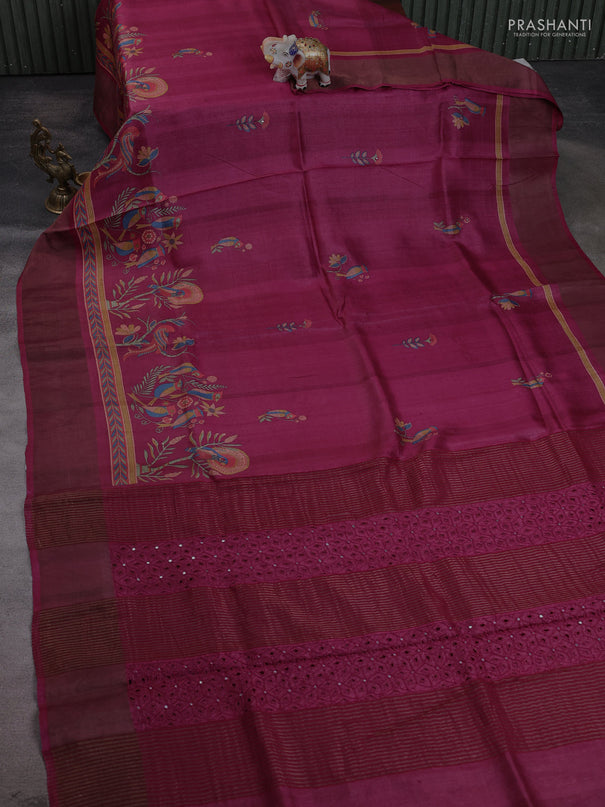 Pure tussar silk saree magenta pink with bird butta prints & mirror work and cut work pallu