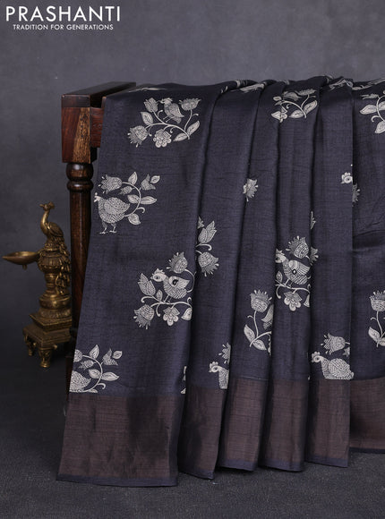 Pure tussar silk saree black with kalamkari butta prints & mirror work and cut work pallu