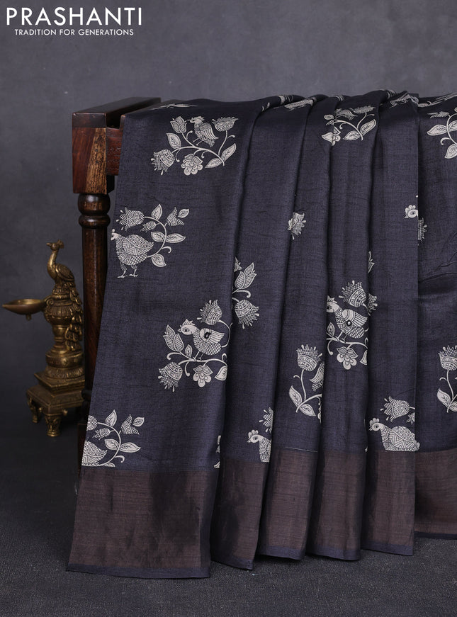 Pure tussar silk saree black with kalamkari butta prints & mirror work and cut work pallu