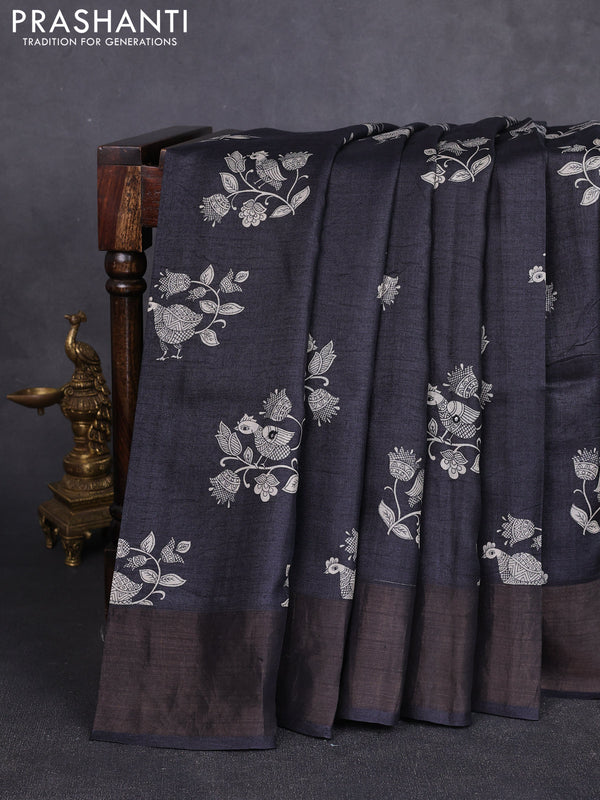 Pure tussar silk saree black with kalamkari butta prints & mirror work and cut work pallu