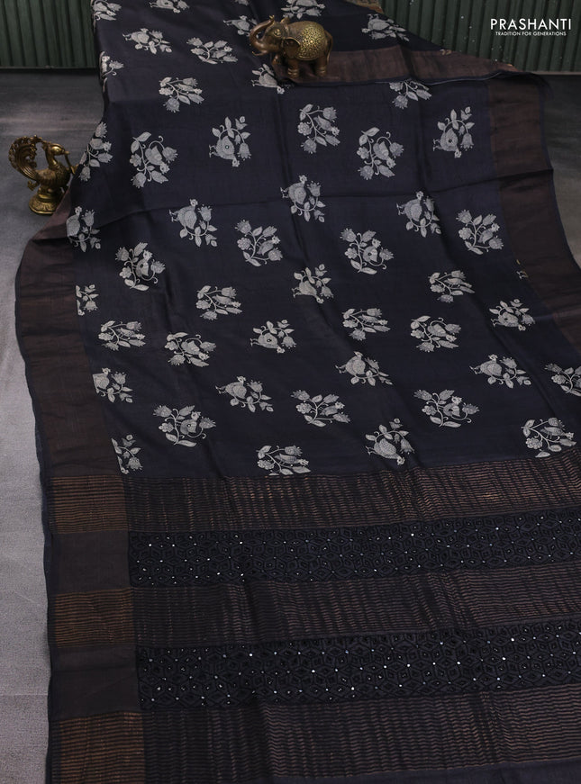 Pure tussar silk saree black with kalamkari butta prints & mirror work and cut work pallu