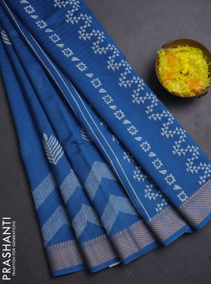 Maheshwari silk cotton saree blue with butta block prints and thread woven border