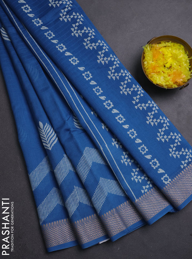 Maheshwari silk cotton saree blue with butta block prints and thread woven border