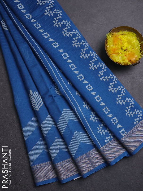 Maheshwari silk cotton saree blue with butta block prints and thread woven border