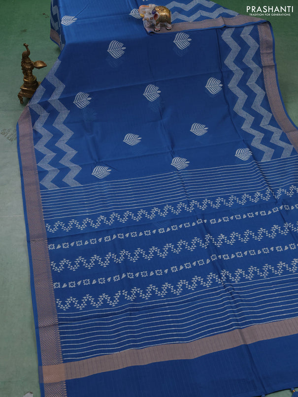 Maheshwari silk cotton saree blue with butta block prints and thread woven border