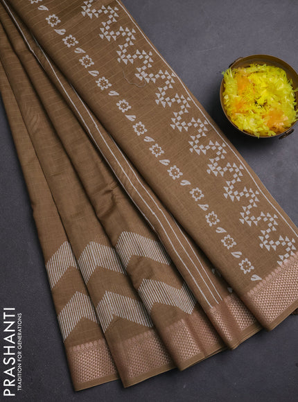 Maheshwari silk cotton saree dark beige with butta block prints and thread woven border
