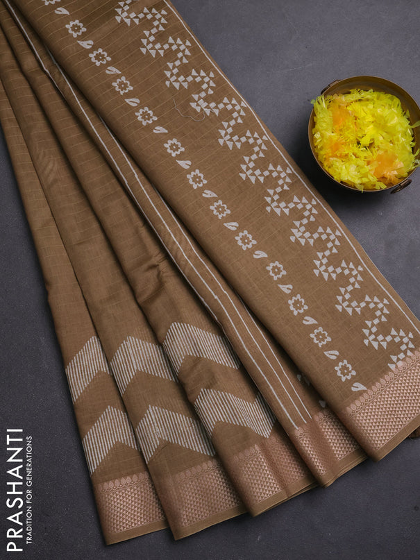 Maheshwari silk cotton saree dark beige with butta block prints and thread woven border