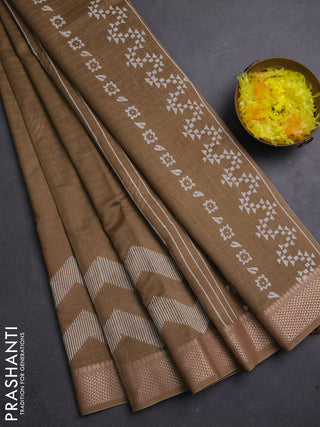 Maheshwari silk cotton saree dark beige with butta block prints and thread woven border