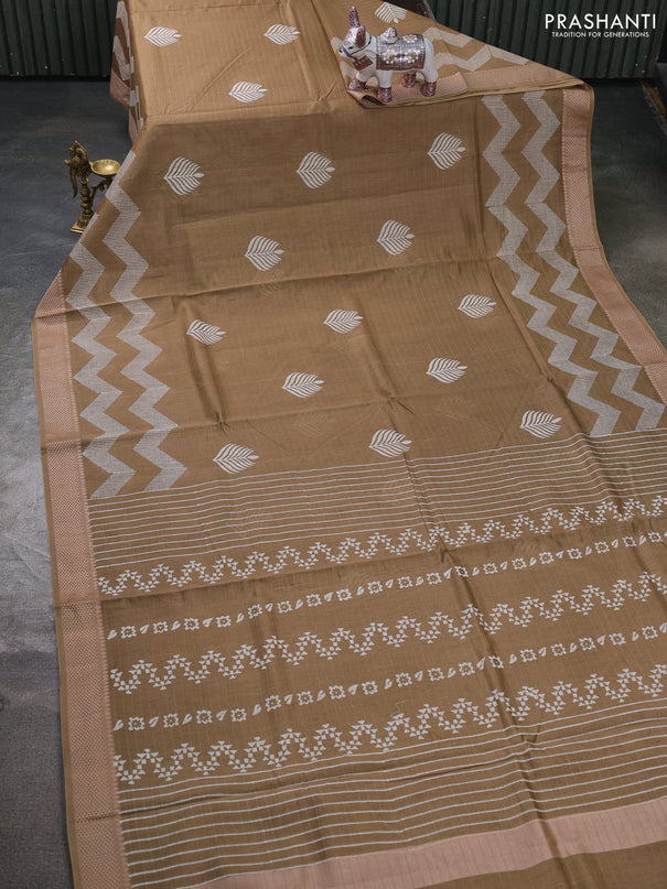 Maheshwari silk cotton saree dark beige with butta block prints and thread woven border