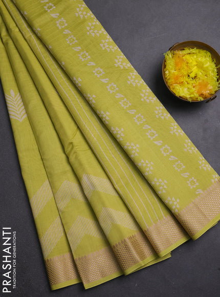Maheshwari silk cotton saree lime green with butta block prints and thread woven border