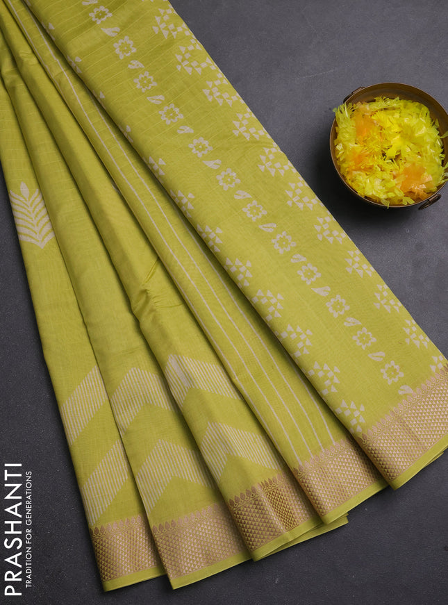 Maheshwari silk cotton saree lime green with butta block prints and thread woven border
