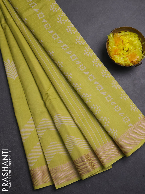 Maheshwari silk cotton saree lime green with butta block prints and thread woven border
