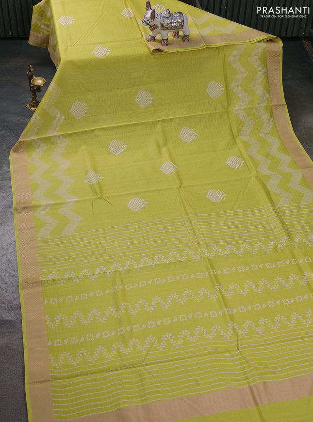 Maheshwari silk cotton saree lime green with butta block prints and thread woven border