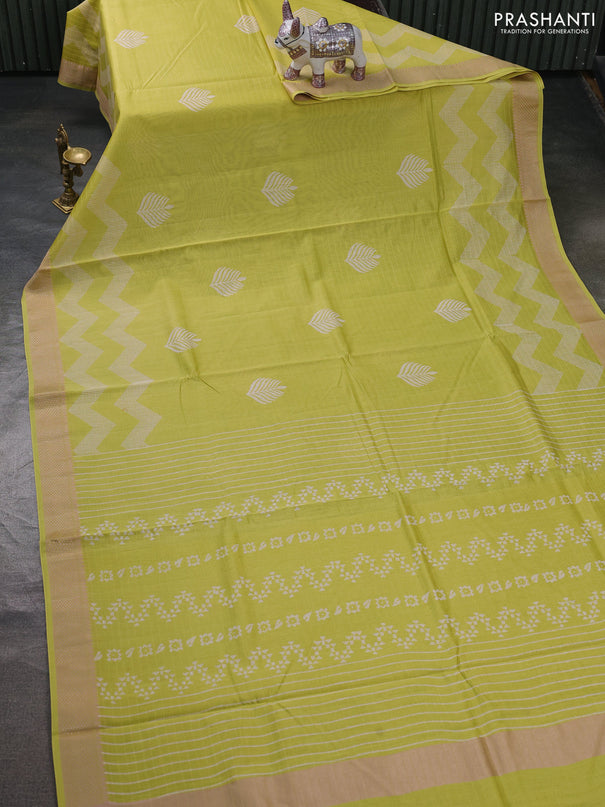 Maheshwari silk cotton saree lime green with butta block prints and thread woven border