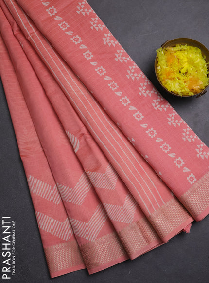 Maheshwari silk cotton saree peach with butta block prints and thread woven border
