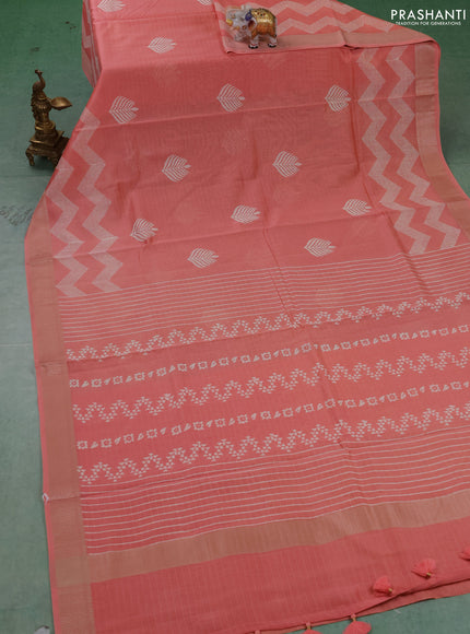 Maheshwari silk cotton saree peach with butta block prints and thread woven border