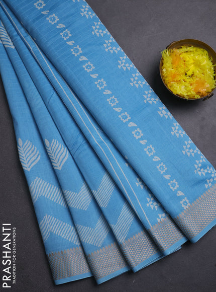 Maheshwari silk cotton saree light blue with butta block prints and thread woven border