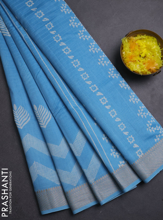 Maheshwari silk cotton saree light blue with butta block prints and thread woven border