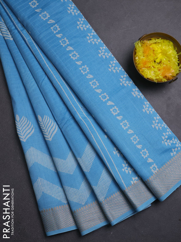 Maheshwari silk cotton saree light blue with butta block prints and thread woven border