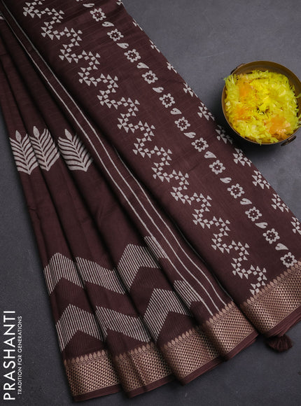 Maheshwari silk cotton saree coffee brown with butta block prints and thread woven border