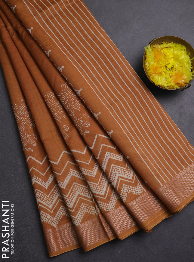 Maheshwari silk cotton saree dark mustard with allover block prints and thread woven border