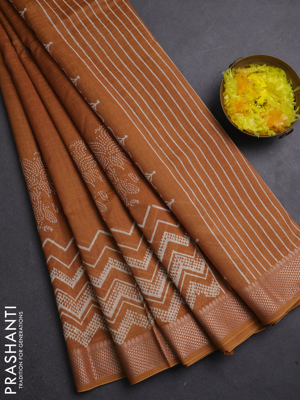 Maheshwari silk cotton saree dark mustard with allover block prints and thread woven border