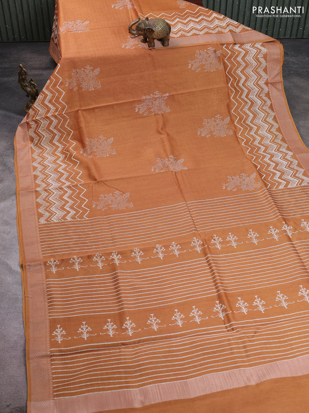 Maheshwari silk cotton saree dark mustard with allover block prints and thread woven border
