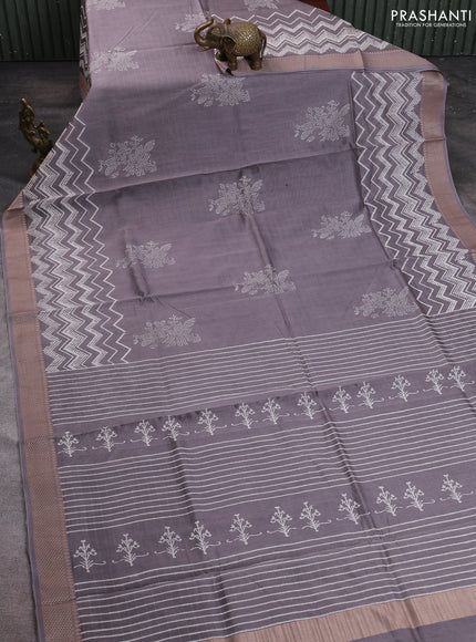 Maheshwari silk cotton saree grey with allover block prints and thread woven border