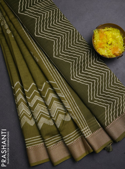 Maheshwari silk cotton saree mehendi green and sap green with allover block prints and thread woven border
