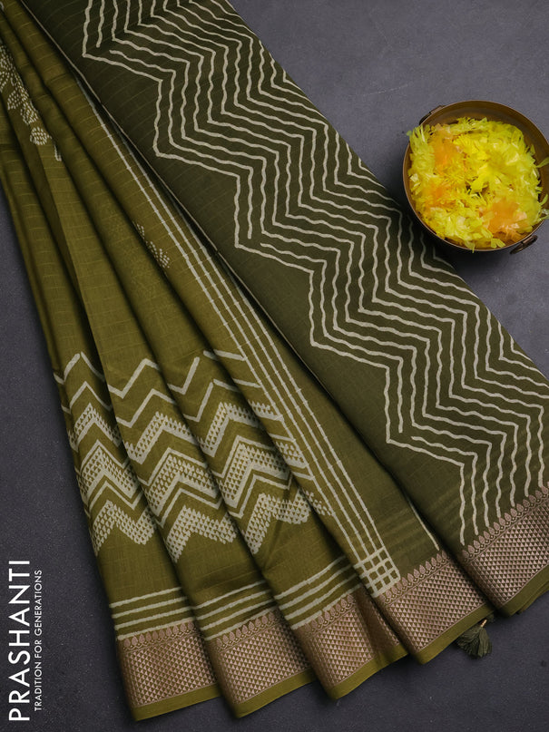 Maheshwari silk cotton saree mehendi green and sap green with allover block prints and thread woven border