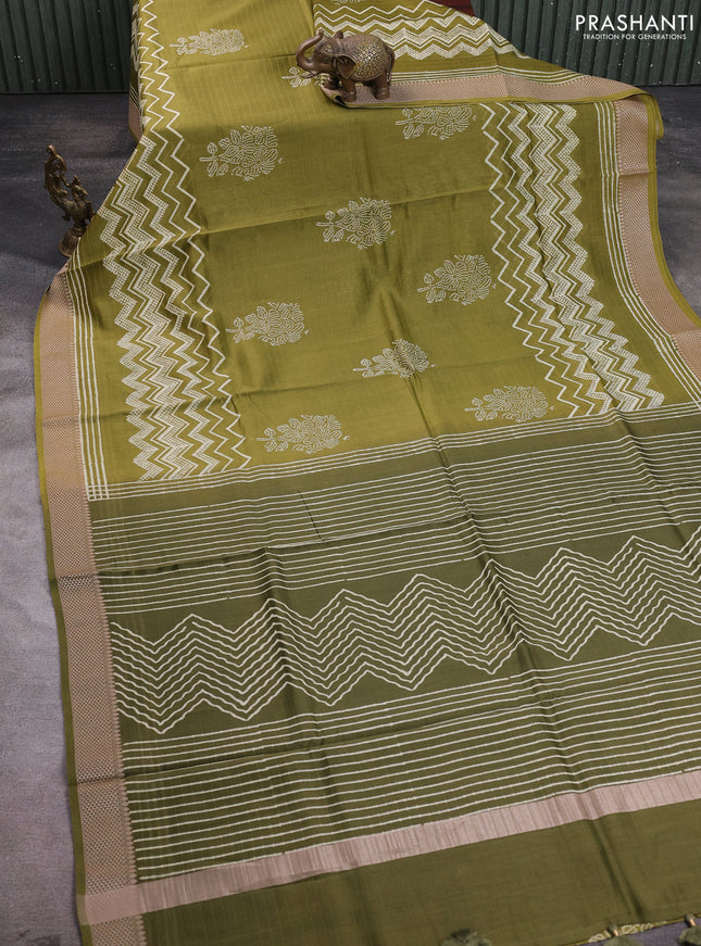 Maheshwari silk cotton saree mehendi green and sap green with allover block prints and thread woven border
