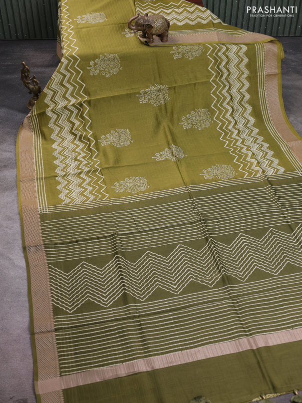 Maheshwari silk cotton saree mehendi green and sap green with allover block prints and thread woven border