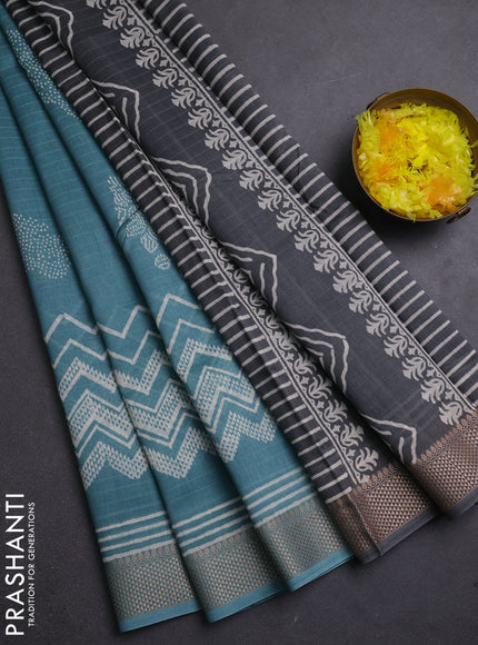 Maheshwari silk cotton saree teal blue and grey with allover block prints and thread woven border