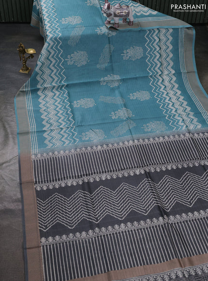 Maheshwari silk cotton saree teal blue and grey with allover block prints and thread woven border
