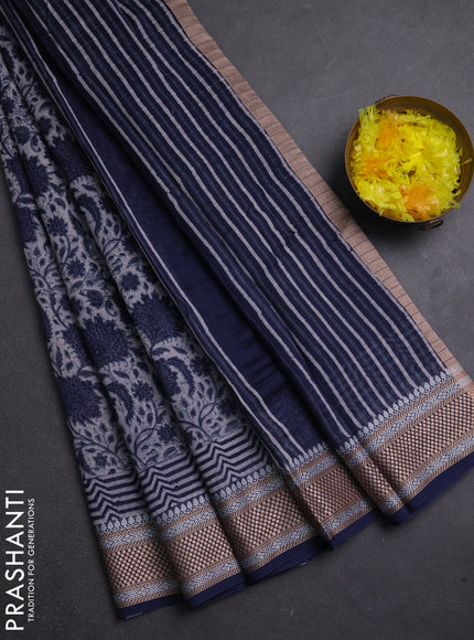Maheshwari silk cotton saree off white and blue with allover kalamkari block prints and thread woven border