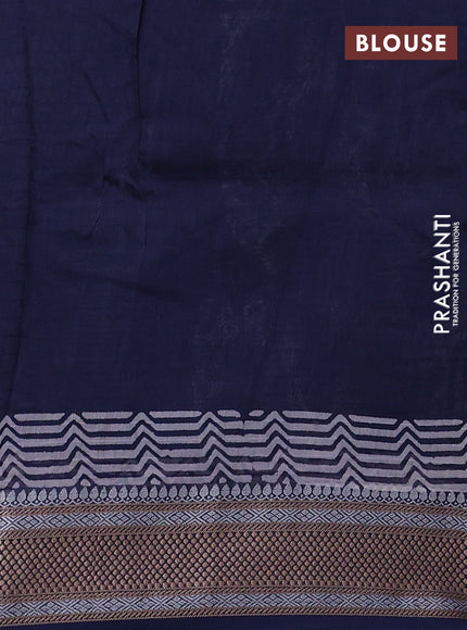 Maheshwari silk cotton saree off white and blue with allover kalamkari block prints and thread woven border