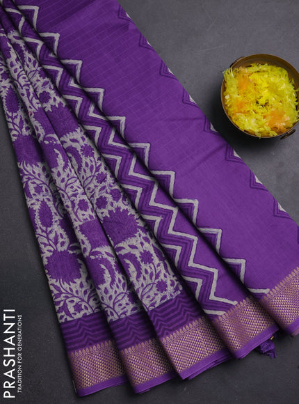 Maheshwari silk cotton saree lavender with allover kalamkari block prints and thread woven border