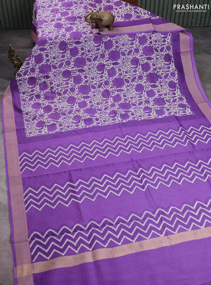 Maheshwari silk cotton saree lavender with allover kalamkari block prints and thread woven border