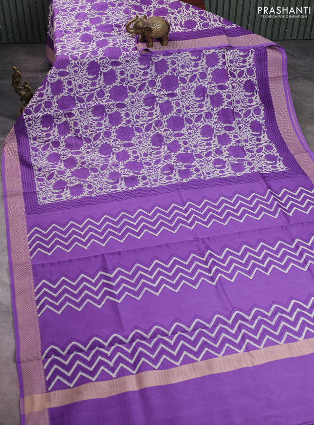 Maheshwari silk cotton saree lavender with allover kalamkari block prints and thread woven border