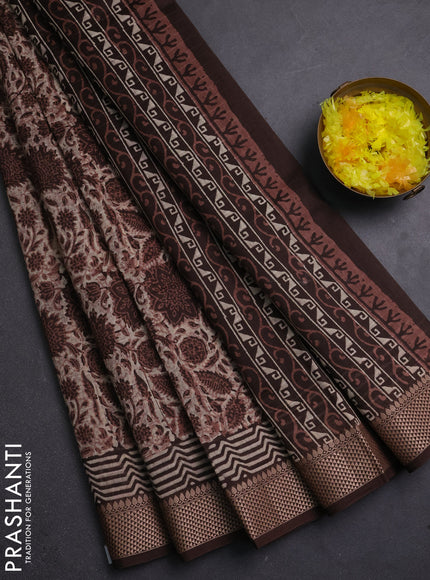 Maheshwari silk cotton saree coffee brown with allover kalamkari block prints and thread woven border